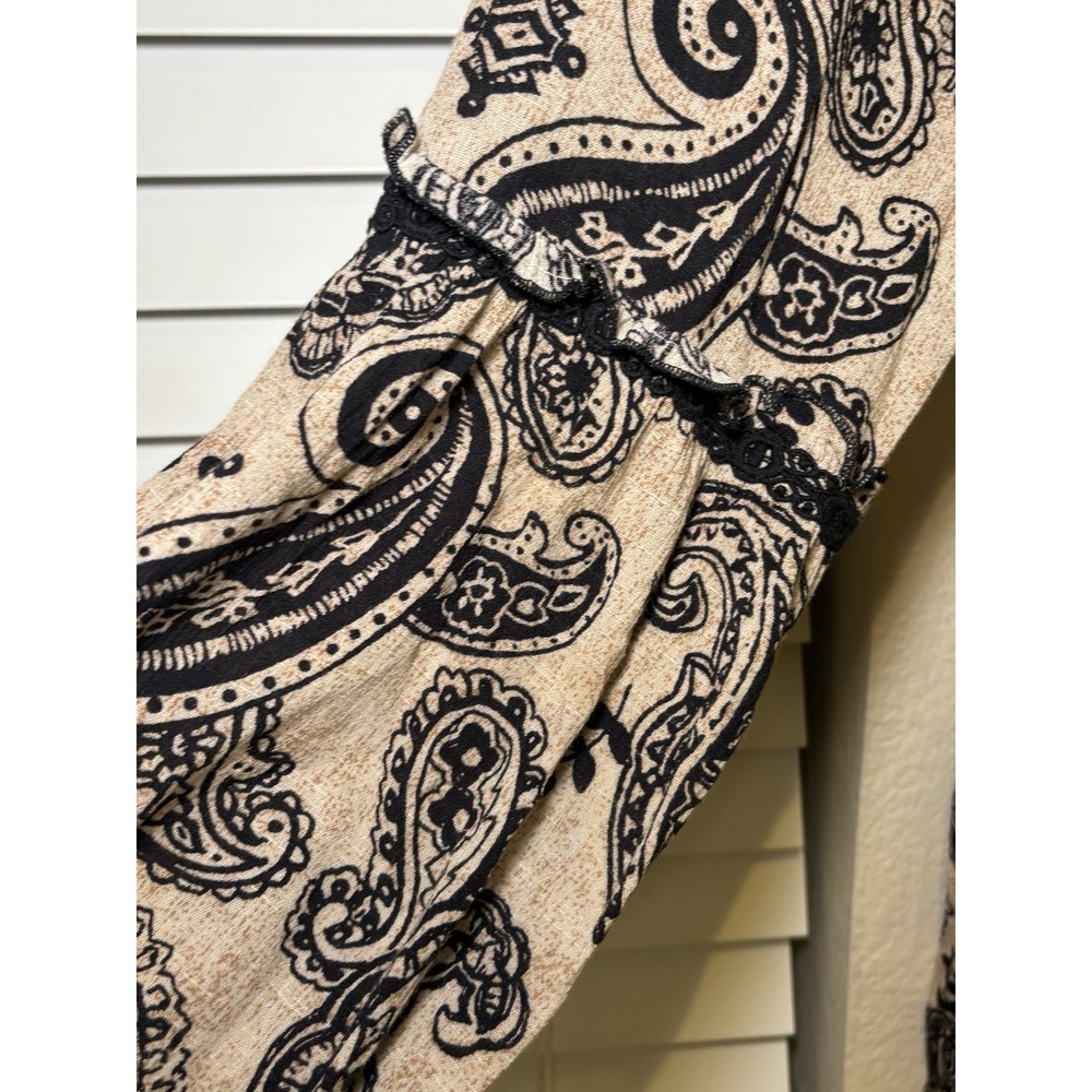 Knox Rose Women's XXL Paisley Boho Blouse Beige Black Long Sleeve Crochet Trim - Picture 4 of 8